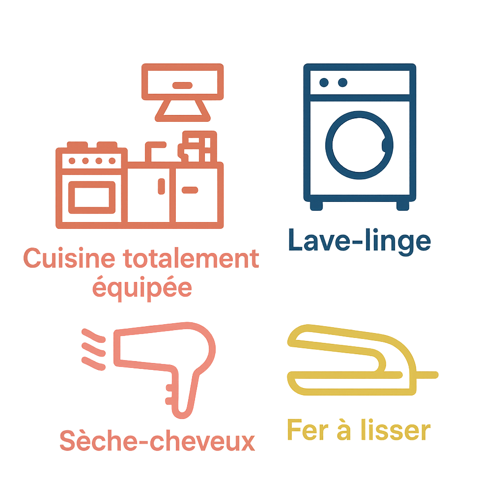 logo équipements cuisine équipée, lave ligne, sèche cheveux, fer à lisser Les Arènes - Cannes